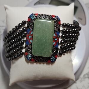 Large Jadite Cloisonné Hematite 6 Strand Bracelet 7.5in